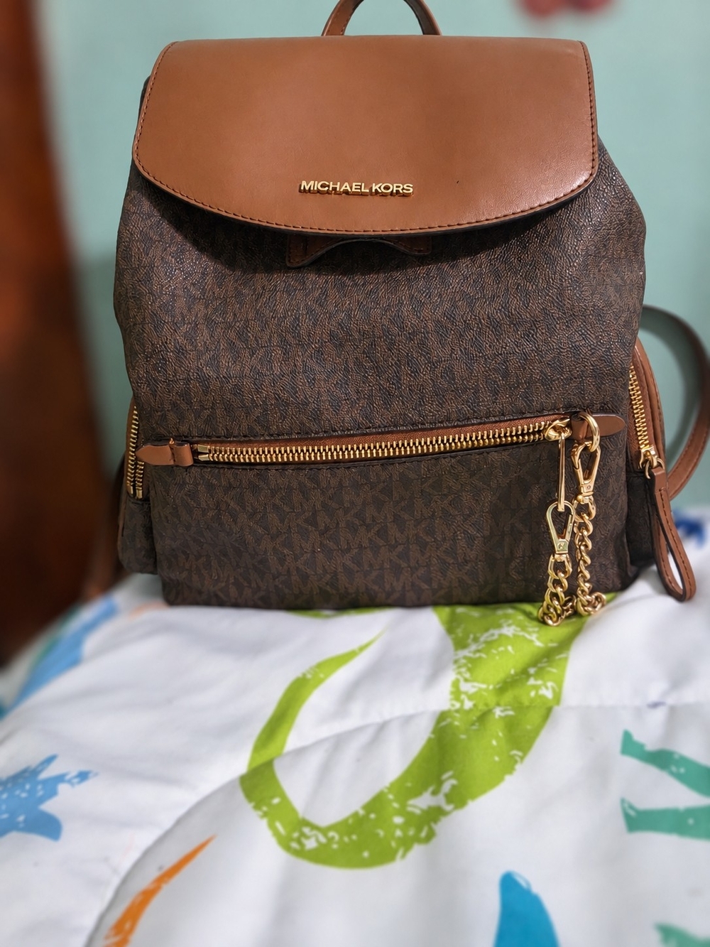 Michael Kors Brown Monogram Backpack with Tan Trim & Gold Chain